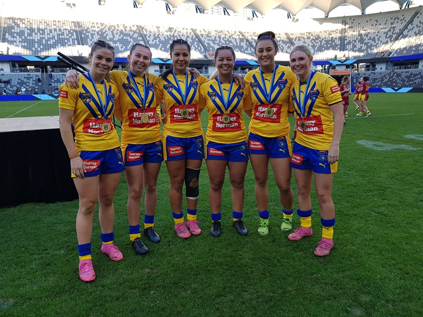 From left, Sharks City Women's representatives Talei Holmes, Quincy Dodd, Tiana Penitani, Kennedy Cherrington, Corbin McGregor and Maddie Studdon