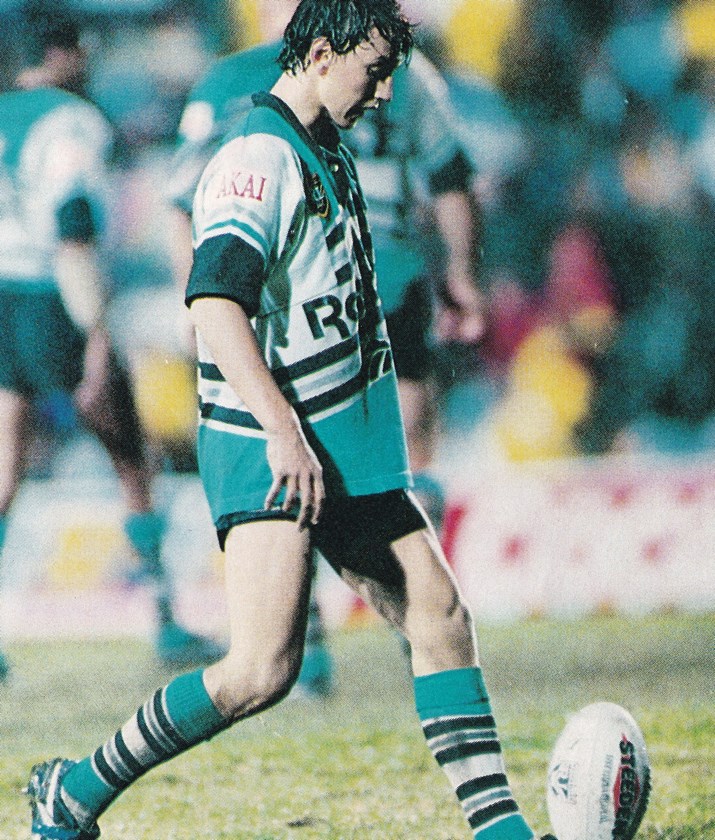 Rookie Mat Rogers lines up a conversion against the Western Reds in 1995.